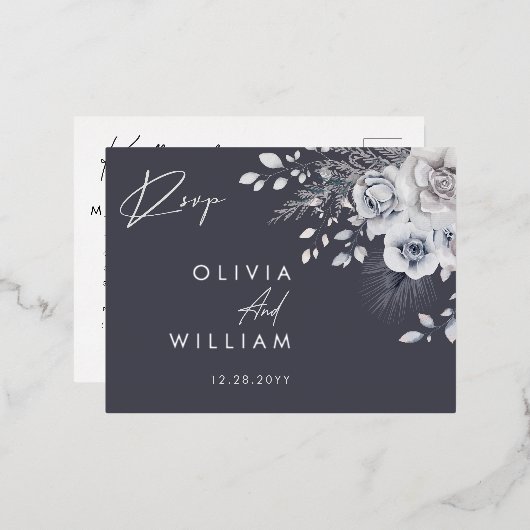 ボタニカルウィンターエレガントフローラシルバーRSVPカード 箔招待状ポストカード (正面/裏面)
