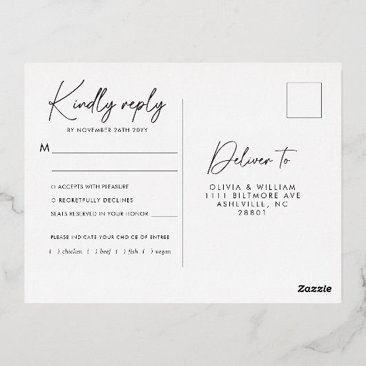 ボタニカルウィンターエレガントフローラシルバーRSVPカード 箔招待状ポストカード (裏面)