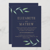 ボタニカルウォーターエレガントカラーネイビー結婚金ゴールド 招待状 (正面/裏面)