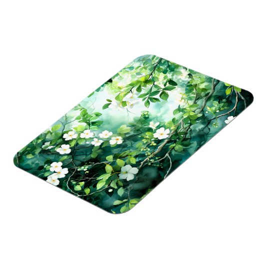 ボタニカルウォーターカラーの白い花と緑の葉 マグネット (左側)