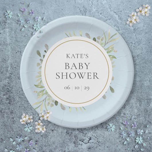 ボタニカルウォーターカラーグリーンリーブルー男の赤ちゃんシャワー ペーパープレート