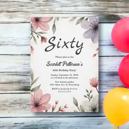 ボタニカルウォーターカラーフローラロマンチック60誕生日 招待状