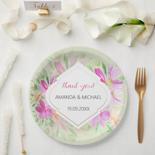 ボタニカルウォーターカラーボホピンク薄紫フローラ ペーパープレート (ウェディング)