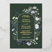 ボタニカルウォーターカラーワイルドフラワーエレガントな結婚式 箔招待状 (正面)