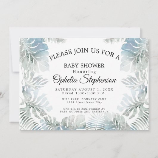 ボタニカルウォーター淡い色のカラーダスティブルーシャワー 招待状 (正面)