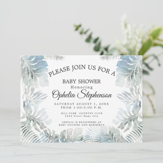 ボタニカルウォーター淡い色のカラーダスティブルーシャワー 招待状 (スタンド正面)