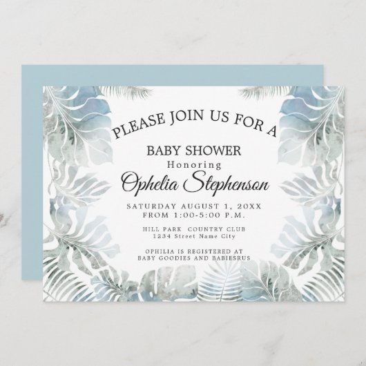 ボタニカルウォーター淡い色のカラーダスティブルーシャワー 招待状 (正面/裏面)