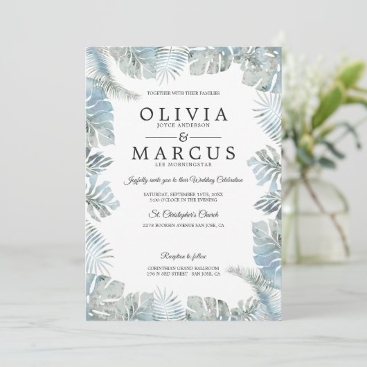 ボタニカルウォーター淡い色のカラーダスティブルー結婚ズ 招待状 (スタンド正面)