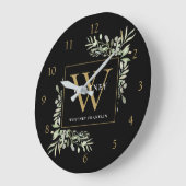 ボタニカルウォーター色グリーンリーモノグラムブラック金ゴールド ラージ壁時計 (傾斜)