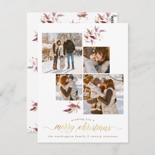 ボタニカルウォーター&金ゴールドメリークリスマスフォト ポストカード (正面/裏面)