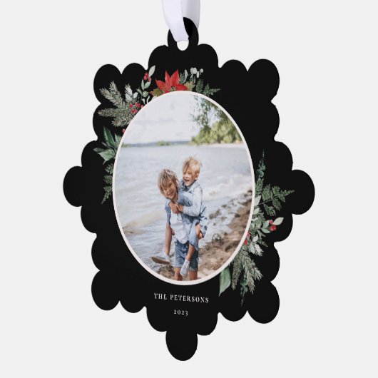 ボタニカルエレガントクリスマスフォトブラック オーナメントカード (左)