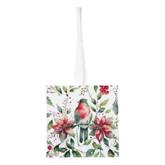 ボタニカルエレガントクリスマスロビンの水色 キューブオーナメント (裏面)