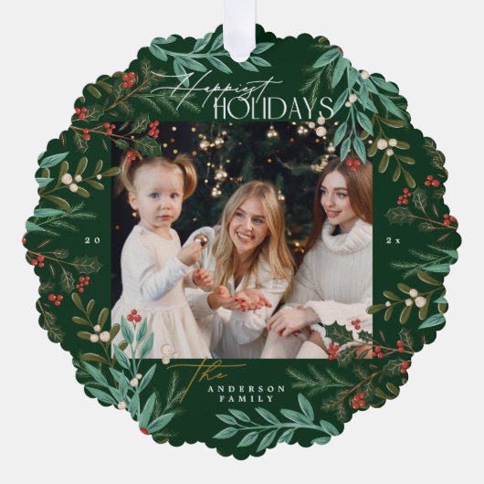 ボタニカルエレガントグリーンハッピーホリデーフォト オーナメントカード (正面)