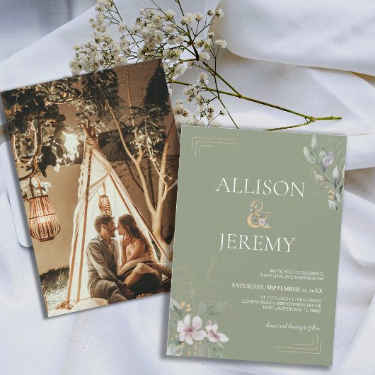 ボタニカルエレガントセージ緑の金ゴールド結婚式の招待 招待状