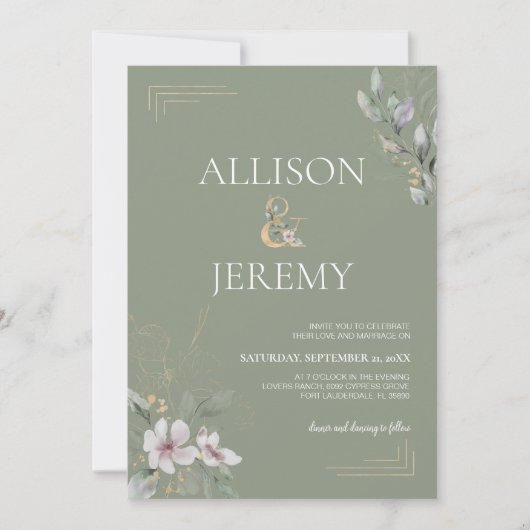 ボタニカルエレガントセージ緑の金ゴールド結婚式の招待 招待状 (正面)