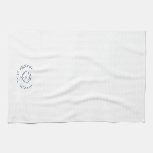 ボタニカルエレガントローレル名前をカスタムするダスティブルー キッチンタオル (横)