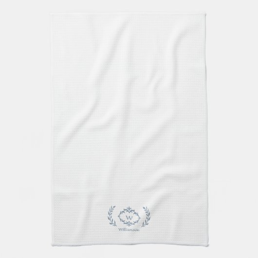 ボタニカルエレガントローレル名前をカスタムするダスティブルー キッチンタオル (縦)