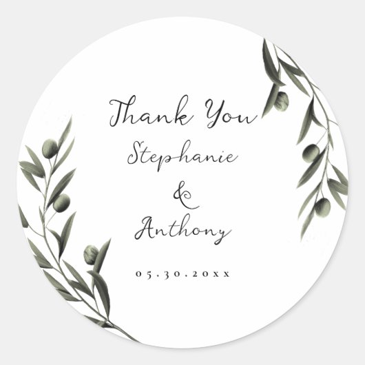 ボタニカルオリーブ葉ブランチイタリアン結婚ズ ラウンドシール (正面)