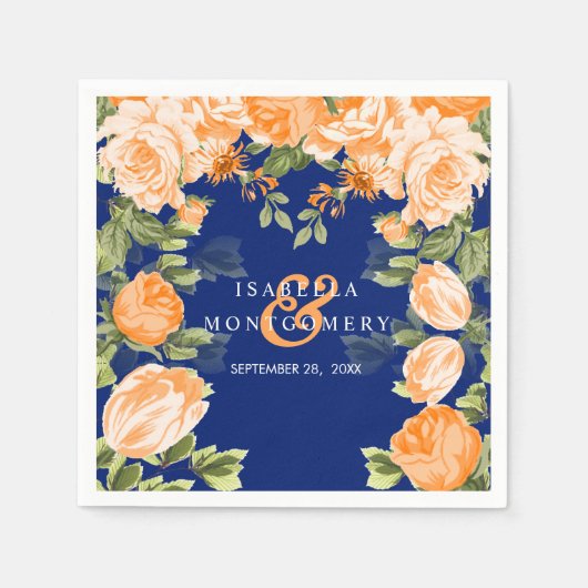 ボタニカルオレンジとネイビーブルーのフローラ結婚ズ スタンダードカクテルナプキン (正面)