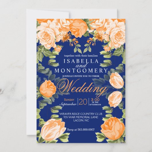 ボタニカルオレンジとネイビーブルーのフローラ結婚ズ 招待状 (正面)