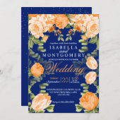 ボタニカルオレンジとネイビーブルーのフローラ結婚ズ 招待状 (正面/裏面)