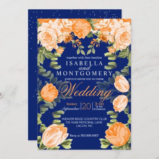 ボタニカルオレンジとネイビーブルーのフローラ結婚ズ 招待状 (正面/裏面)