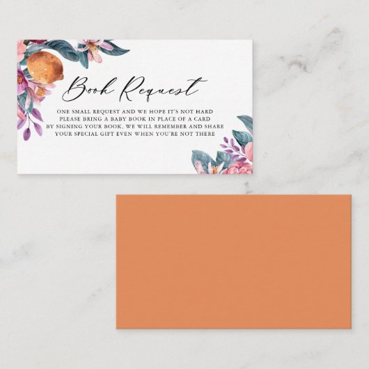 ボタニカルオレンジ赤ちゃんシャワーブックリクエストカード プレイスカード (正面/裏面)