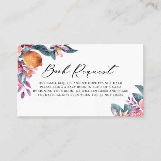 ボタニカルオレンジ赤ちゃんシャワーブックリクエストカード プレイスカード (正面)