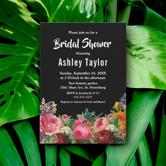 ボタニカルガーデン素朴ブラックフローラブライダルシャワー 招待状