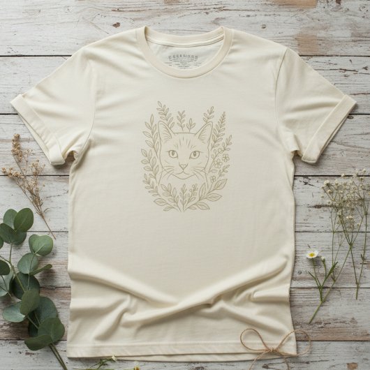 ボタニカルキャット開花デザイン- Botanical Catフローララインアートキャット Tシャツ