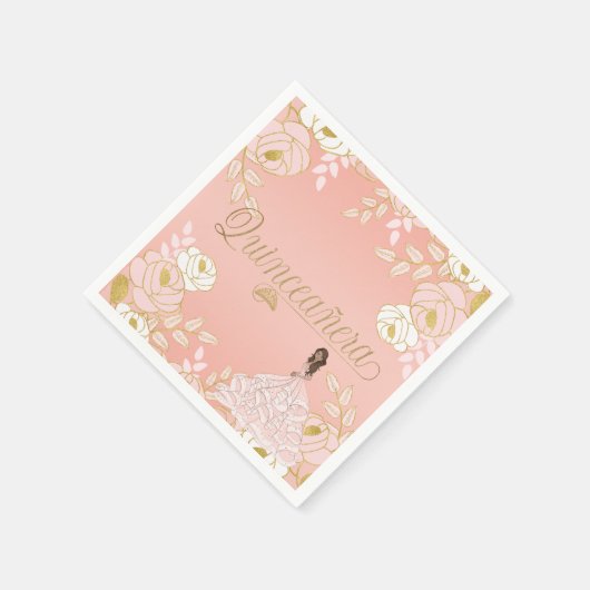 ボタニカルキンセアニェラインホワイトピンクと金ゴールド スタンダードカクテルナプキン (角)