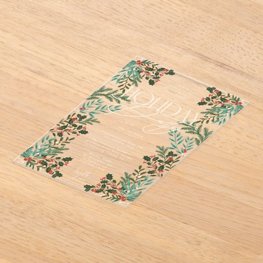 ボタニカルクラシックエレガンスクリスマスホリデーパーティー アクリル招待状 (レイダウン)