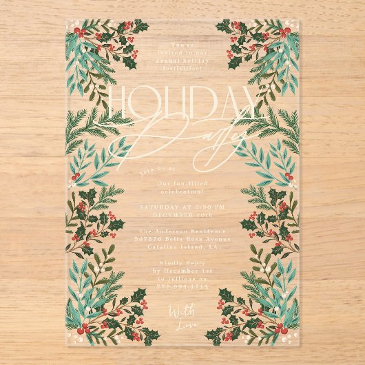 ボタニカルクラシックエレガンスクリスマスホリデーパーティー アクリル招待状 (正面)