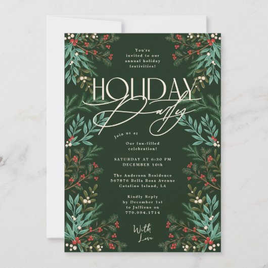ボタニカルクラシックエレガンスクリスマスホリデーパーティー 招待状 (正面)