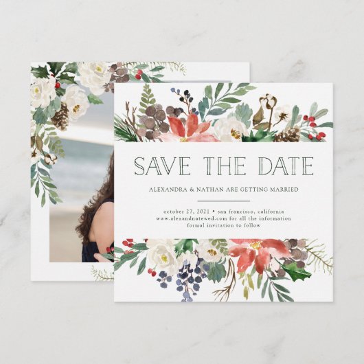 ボタニカルクリスマス | ホリデー フォト セーブ・ザ・デート 招待状 (正面/裏面)