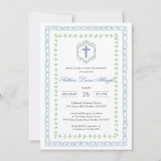 ボタニカルクレストブルークロスバプテスマ 招待状 (正面)
