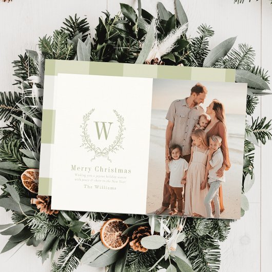 ボタニカルクレストモノグラムセージクリスマスフォト シーズンカード