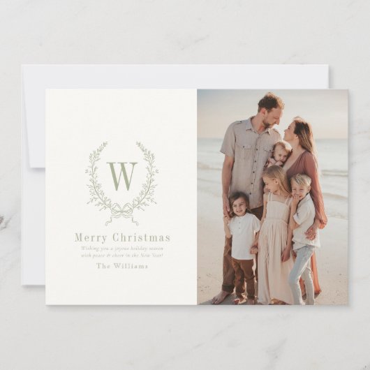 ボタニカルクレストモノグラムセージクリスマスフォト シーズンカード (正面)