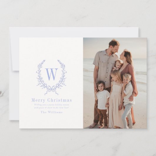 ボタニカルクレストモノグラムブルークリスマスフォト シーズンカード (正面)
