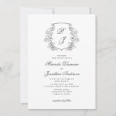 ボタニカルクレストモノグラム結婚白黒 招待状 (正面)