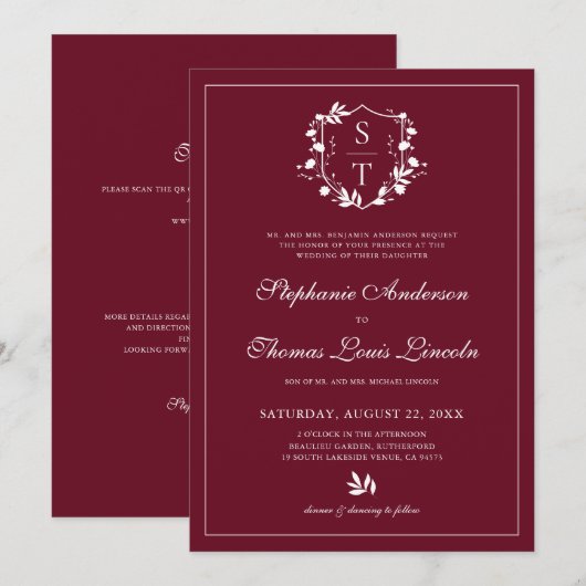 ボタニカルクレスト結婚ブルゴーニュのQRコード 招待状 (正面/裏面)