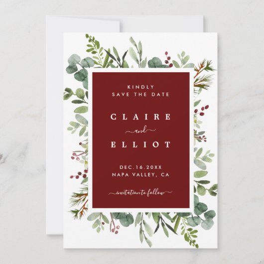 ボタニカルグリーナリークリスマスホリデー結婚ズレッド セーブザデート (正面)