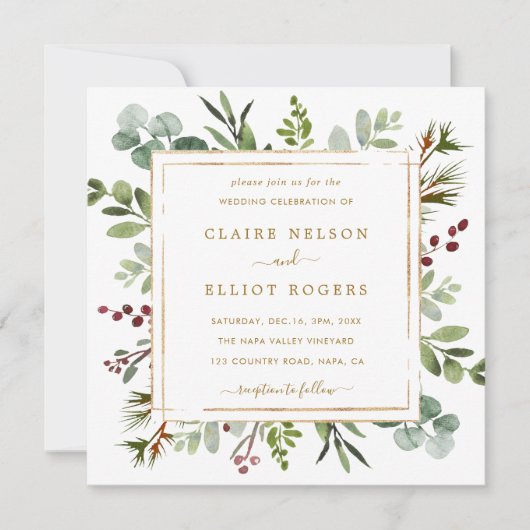 ボタニカルグリーナリークリスマス結婚金ゴールドズスクエア 招待状 (正面)