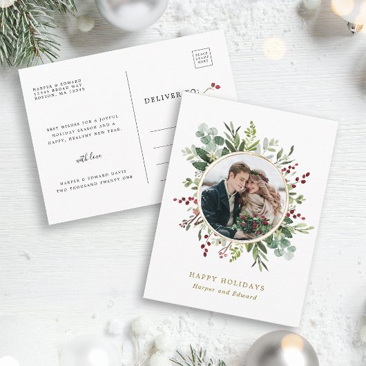 ボタニカルグリーナリークリスマス金ゴールドフォトホリデー ポストカード