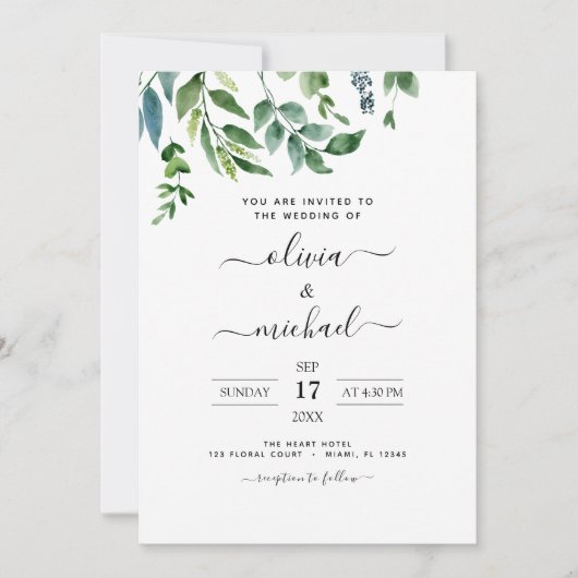 ボタニカルグリーナリーフォト春ロマン結婚ティック 招待状 (正面)