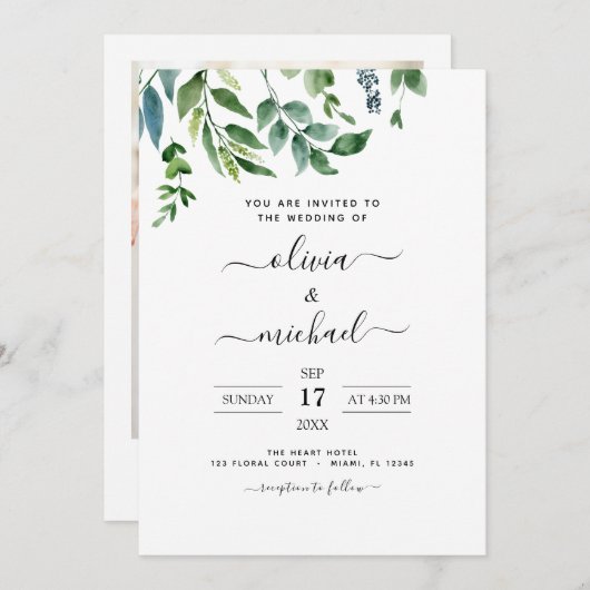 ボタニカルグリーナリーフォト春ロマン結婚ティック 招待状 (正面/裏面)