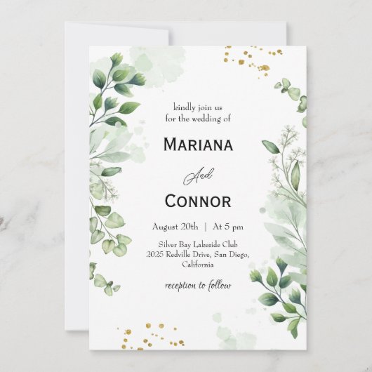 ボタニカルグリーンの水彩画ウェディング招待状 招待状 (正面)