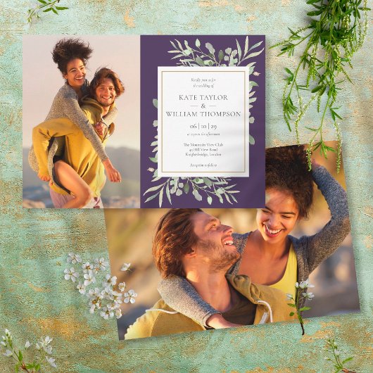ボタニカルグリーンの紫の写真 ウェディング 招待状