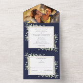 ボタニカルグリーンの葉の写真 ネイビーブルーの結婚式 オールインワン招待状 (内側)