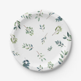 ボタニカルグリーンの葉の水彩画 ブライダルシャワー ペーパープレート